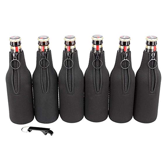 Sunkey Neoprene Beer Bottle Sleeve Cover 6 Pack Ring Zipper with Bottle Opener for 12 oz/330 ml Bottles (Black)