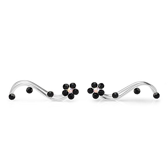 925 Sterling Silver Swarovski Crystal Flower Vine Design Cuff Earrings