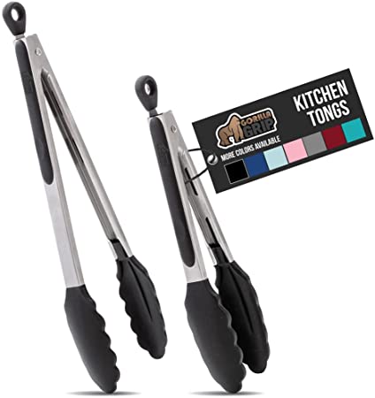 Gorilla Grip Stainless Steel Silicone Tongs for Cooking, Set of 2, Includes 7 and 9 Inch Locking Kitchen Tong, Heat Resistant Tip, Strong Grip for Large Meat, Perfect for Nonstick Pans and BBQ, Black