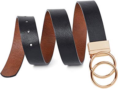 Women Leather Belt, Reversible Belt, Leather Waist Belt for Jeans Dress with Gold Double O Ring Rotate Buckle by JASGOOD