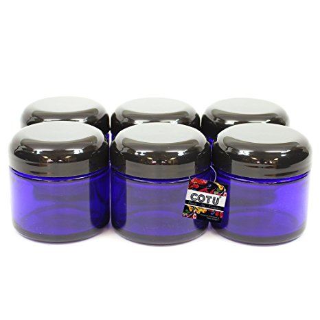 6 x 2oz New & Empty DIY Cobalt Blue Glass Jars with Black Dome Liner Lids by COTU (R) ( Suitable for Storing Salve, Cream, Diy Beauty, Essential Oils, Lotion, Apothecary, Body Butter & Sugar Scrub)