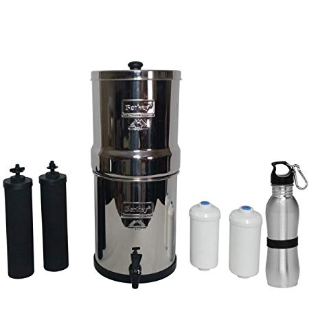 Travel Berkey Water Filter 1.5 Gallon System Bundle: 2 Black BB9 Filters, 2 PF2 Fluoride Filters, 1 Stainless Steel Water Bottle