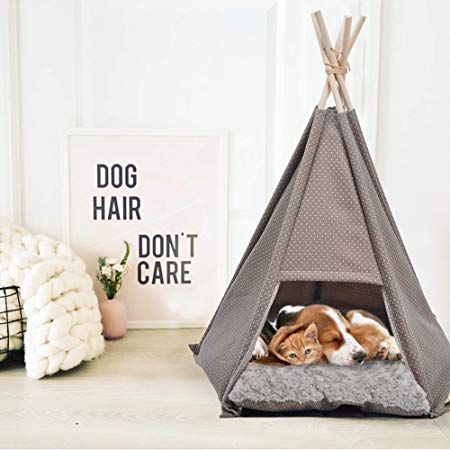 Dporticus Portable Pet Canopy Teepee Indian Tent Bed for Little Dogs and Cats with a Soft Cushion