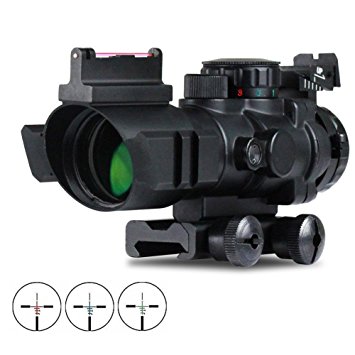 VERY100 Tactical 4x 32mm RGB Glass Edged Reticle Tri-Illuminated Combo Compact Scope with Red Fiber Optics Sight Etched Glass