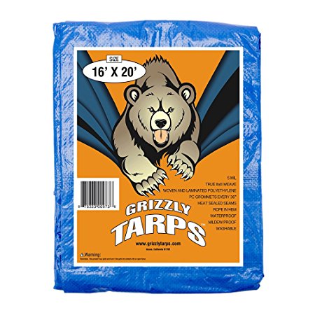 Grizzly Tarps 16 x 20 Feet Blue Multi Purpose Waterproof Poly Tarp Cover 5 Mil Thick 8 x 8 Weave