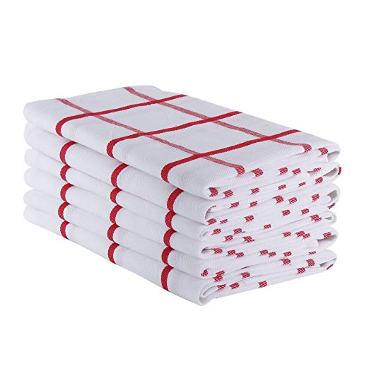The Weaver's Blend Set of 6 Kitchen Towels, Check Design, 100% Cotton, Absorbent, Size 28”x18”, Red Check,Kitchen Towels and Dish Cloths by