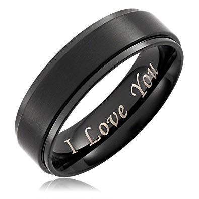 Cavalier Jewelers 6MM Men's Black Titanium Ring Wedding Band Engraved I Love You