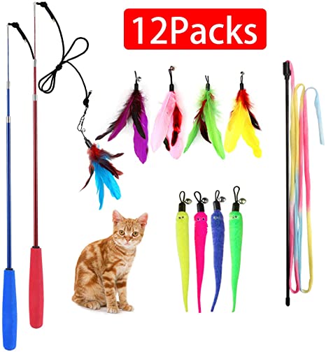 M JJYPET Retractable Cat Wand Toys,12 Packs Interactive Cat Feather Toy,9 Assorted Teaser Refills with Bell for Cat,Kitten