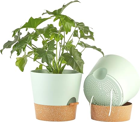 FaithLand 2-Pack 10 Inch Planter Pots for Indoor Outdoor Plants, Self Watering Flower Pots with Deep Reservoir, Green with Terracotta …