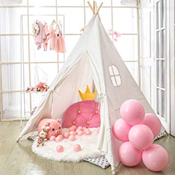 Monobeach Teepee Tent for Kids Foldable Children Play Tent for Girl and Boy with Carry Case 4 Poles White Canvas Playhouse Toy for Indoor and Outdoor Games  (White)
