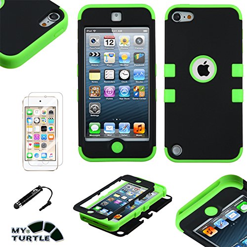 MyTurtle Shockproof Hybrid 3-Layer Hard Silicone Shell Cover with Stylus Pen and Screen Protector for iPod Touch 5th 6th Generation, Black Green