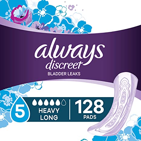 Always Discreet Incontinence Pads for Women, Heavy Absorbency, 128 Count, Long Length (2 Packs of 64 - 128 Count Total)
