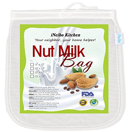 iNeibo Nut Milk Bag(12"x12") - Reusable Ideal Food Mesh Strainer for Almond Milk Cold Brew Coffee Yogurt All Purpose Green Juice Filter - Food Grade