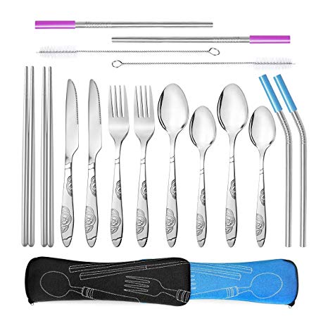 Teivio Camping Outdoor Utensils Cutlery Flatware Set of Military Grade Stainless Steel Fork, Spoon, Tea Spoon, Knife, Chopstick, Stainless Steel Metal Straws with Silicone Tips and Brush (Black&Blue)
