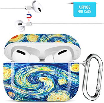 Maxjoy AirPods Pro Case Cover, Cute Protective Airpod Pro Case with Keychain/Strap Shockproof Cover Compatible with Apple AirPods Pro Wireless Charging Case 3rd Gen 2019 for Girls Men, Starry Night