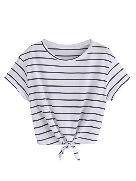 ROMWE Women's Knot Front Cuffed Sleeve Striped Crop Top Tee T-shirt