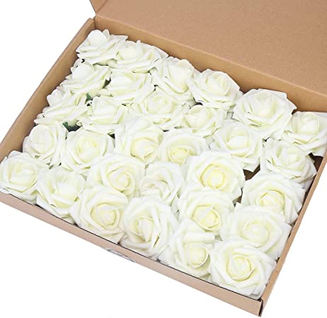 N&T NIETING Artificial Flower Rose, 30Pcs Ivory Real Touch Fake Foam Roses for Wedding Bouquets Party Baby Shower Home Decoration