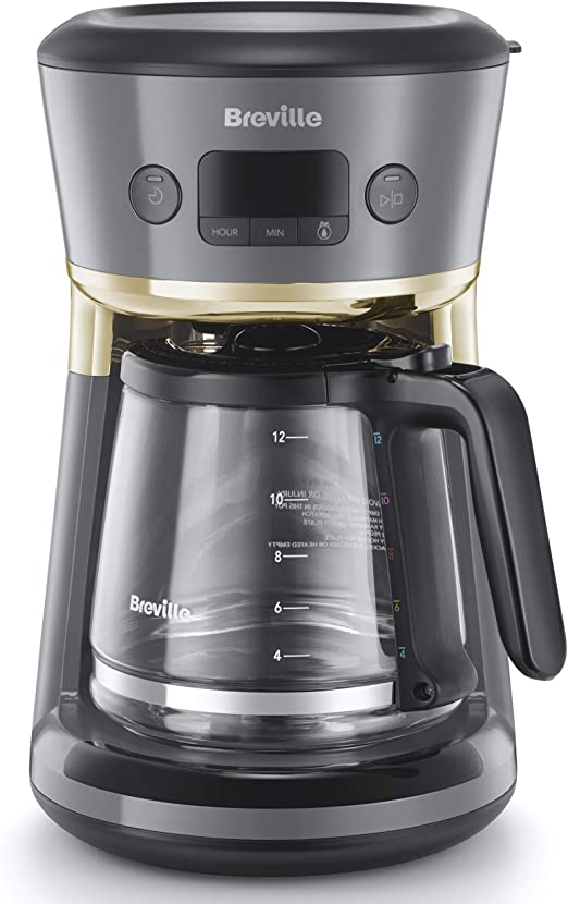 Breville Mostra Easy Measure Filter Coffee Machine | 12 Cup Programmable Coffee Maker | 1.8L Jug | Built-In Water Filter | Freshness Indicator | Delay Timer | Grey & Gold | VCF114