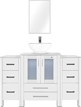 eclife 48” White Bathroom Vanity Sink Combo W/White Side Cabinet Modern Stand Pedestal W/Round White Ceramic Vessel Sink, Chrome Bathroom Solid Brass Faucet, Pop Up Drain Combo, W/Mirror(A062B11W)