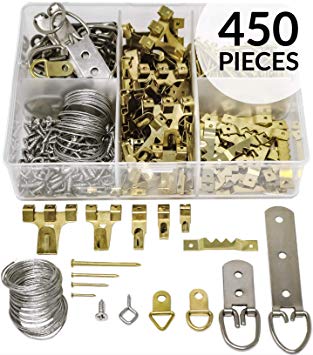 Picture Hanging Kit 450 Pieces | Hardware for Frames Heavy Duty | Great Assortment Includes: Screws, Nails, D Rings, Hooks, Wires, Sawtooth Hangers, Heavy Duty Hooks | Comes with Transparent Solid Box