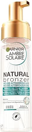 Garnier Ambre Solaire Mousse Autoabbronzante Natural Bronzer, Viso e Corpo, Per un'Abbronzatura Naturale fino ad Una Settimana, Formula Vegana Arricchita con Acqua di Cocco Idratante, 200 ml