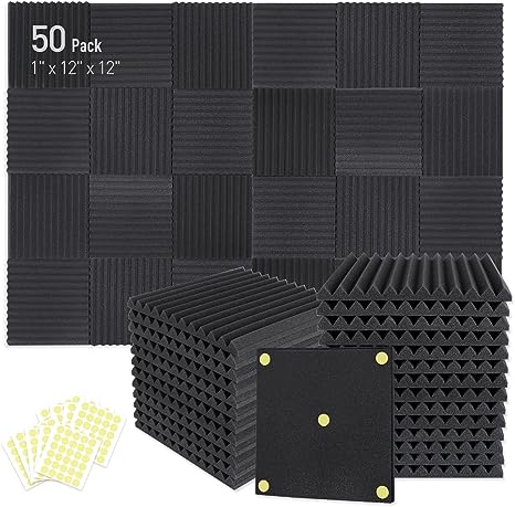 Focusound 50 Pack Acoustic Foam 1" x 12" x 12" Soundproofing Noise Cancelling Wedge Panels for Home Office Recoding Studio