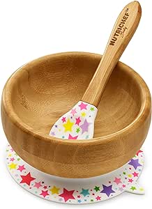 NutriChef Bamboo Baby Feeding Bowl - Wooden Infant Toddler Dish and Spoon Set w/Silicone Suction Base for Stay Put Eating, For Children Aged 4-72 Months (Star Bowl)