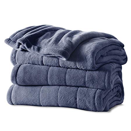 Sunbeam Holmes Channeled Velvet Plush Electric Heated Blanket Queen Lagoon Blue Washable Auto Shut Off 10 Heat Settings