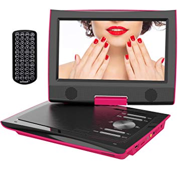 ieGeek 11” Portable DVD Player with Higher Brightness Screen, 5 Hours Rechargeable Battery, Dual Earphone Jack, SD Card Slot and USB Port, Pink