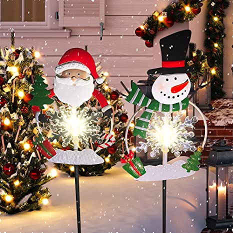 Christmas Garden Stake Decor Outdoor Solar Lights, Xmas Outdoor Decorations Pathway Light with Santa/Snowman for Garden Yard Lawn Christmas Decorations Solar Light Metal -2 Pack (Snowflake lights)