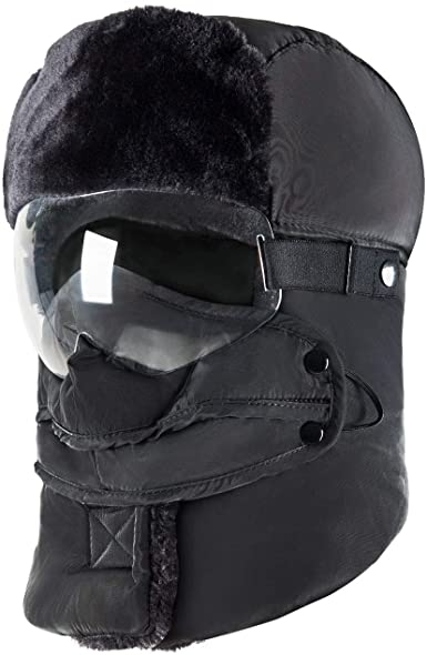 Trapper Hat Winter Trooper Aviator Earflap Cotton Hat with HD Goggles,Dustproof and Windproof Warm Hat for Men and Women