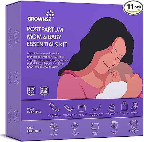 Grownsy Postpartum Mom & Baby Essential Kits, Postpartum Recovery Kit for Labor &Delivery with Hospital Essentials for Women After Birth, Includes PERI Bottle, Herbal Cooling Spray, Liners &More