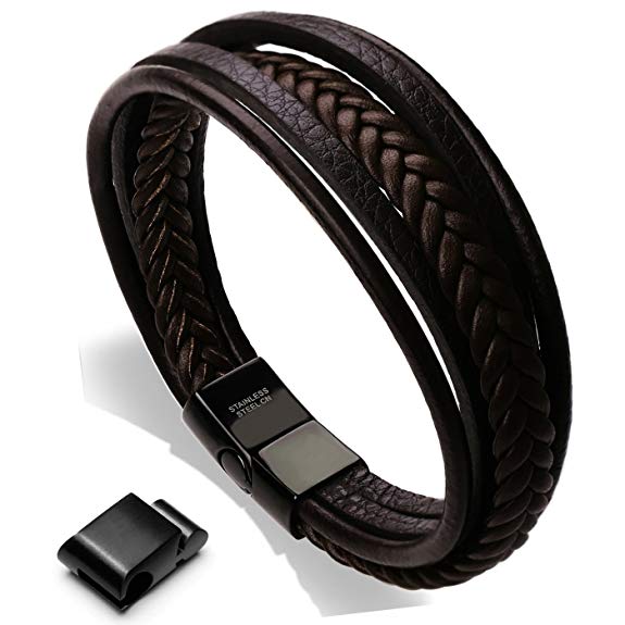 Murtoo Mens Cowhide Leather Braided Bracelet Magnetic-Clasp Multi-layer Wrap Bracelet, 8.85 inch