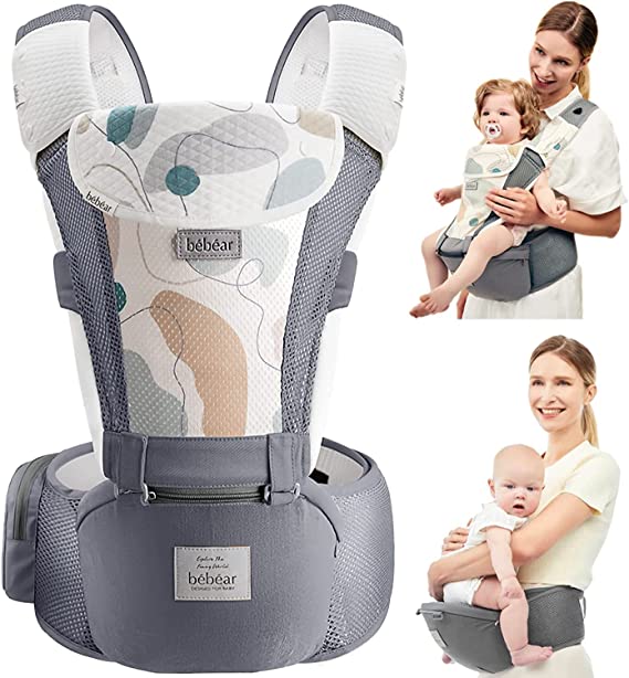 Bebamour Mesh Newborn Baby Carrier Front and Back Carry Baby Newborns to Toddler Baby Hip Carrier (Flower Grey)