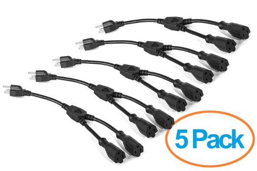 ClearMax 3 Prong Y Splitter Cable Power Extension Cord - Cable Strip Outlet Saver - Power Cord Splitter - 16AWG - 1 Foot (5 Pack | Black)