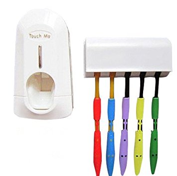 USTEK Toothpaste Dispenser Hands Free Automatic Toothpaste Squeezer Kit All in One Touch N Brush Dustproof Toothbrush Holder for 5 Brushes Family Set Wall Mount