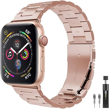 PUGO TOP Strap Compatible for Apple Watch Ultra 49mm Series 8 7 41mm 45mm SE Series 6/5/4/3/2/1 38mm 40mm 42mm 44mm, Solid Stainless Steel Metal Business Band with Folding Clasp for Iwatch