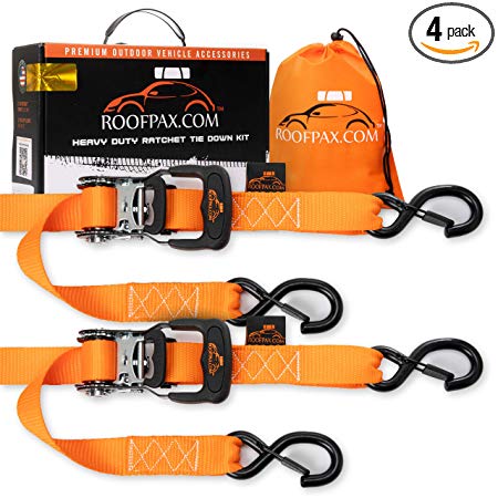 Ratchet Straps by RoofPax (2-Pack) | Heavy Duty Motorcycle Tie downs Kit | 5,208 Break Strength | 1.6" x 8' Cargo Tiedowns For Heavy Loads | Padded Handles & Coated Chromoly | S Hooks w/ 2 Soft Loops