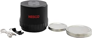 Nesco Electric Mason Jar Vacuum Sealer Kit, Type-C charging, fits wide and regular mouth jars, comes with 5 regular and 5 wide lids, bottle opener, and charging cable