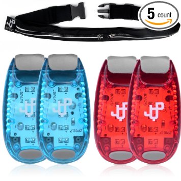 ONE DAY SALE! LED Safety Light (4 PACK) and Running Belt Sets, The Perfect Running Light and Runners Pouch, suitable for Jogging, Cycling, Biking, Dog Walking, Strobe Light, Waterproof, By JQP Sports