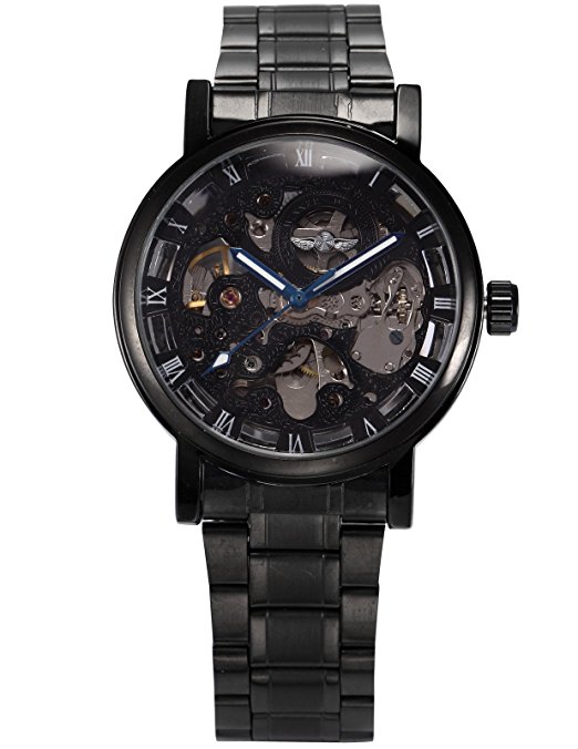 AMPM24 Mens Mechanical Skeleton Automatic Self-winding Black Stainless Steel Band Watch PMW269