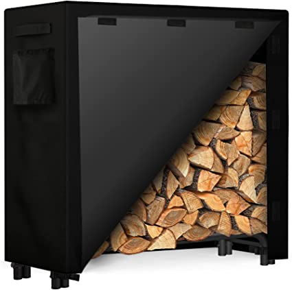 DELXO 4FT Firewood Rack Cover Heavy Duty Black Weather Resistance UV Coating 600D Polyester Fiber Waterproof PVC Backing Fire Wood Cover