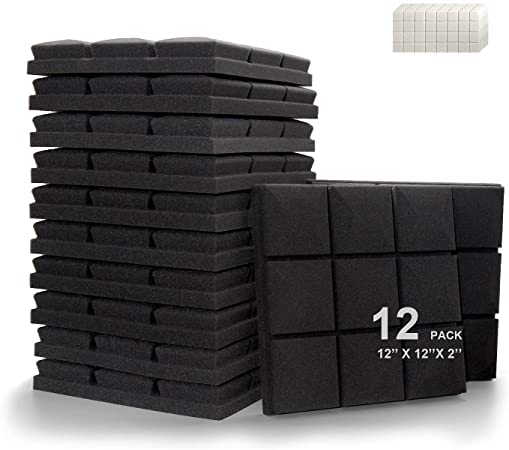 Acoustic Foam Panels, 12 Pack of 12''x12''x2'' Black Sound Foam Panels, Mushroom-shaped Studio Foam Panels, Soundproofing Foam Panels with Adhesive Tapes(12''x12''x2'', Black)