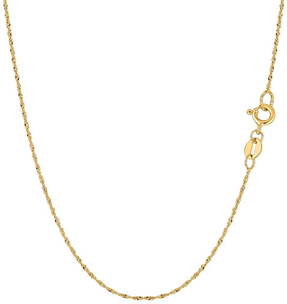 14K Yellow or White or Rose/Pink Gold 1.00mm Shiny Diamond-Cut Classic Singapore Chain Necklace for Pendants and Charms with Spring-Ring Clasp (7" 16" 18" 20" 22" or 24" inch)