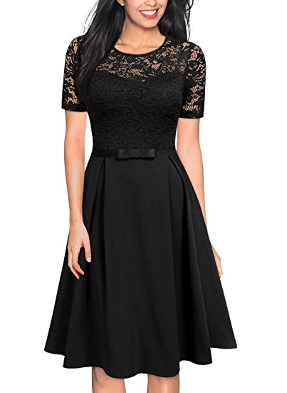 MISSMAY Women's Vintage Floral Lace Cocktail Party Pleated Swing Dress