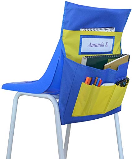 Eamay Seat Sacks Storage Pocket, Chairback Buddy Pocket Chart Organizer with Name tag and 6 Storage Pockets, Blue and Yellow