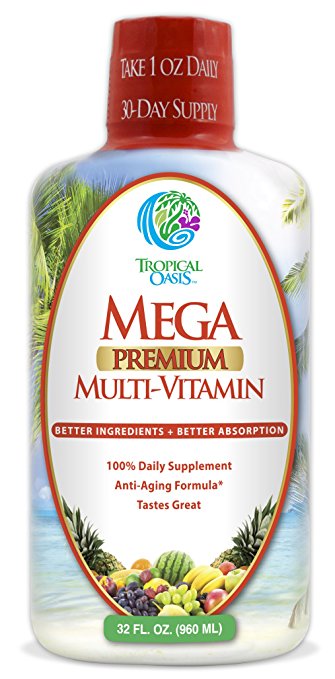 Mega Premium Liquid Multivitamin- Natural anti-aging formula w/15 Vitamins, 70 Minerals, 21 Amino Acids, CoQ10 & Organic Aloe Vera. New Orange Mango Flavor, Gluten Free, Sugar Free - Max Absorption!