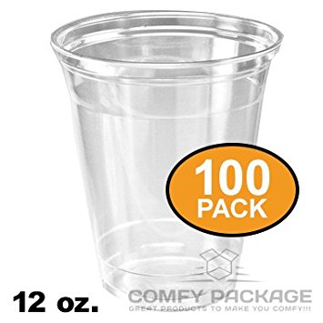 COMFY PACKAGE 12 oz. Plastic CRYSTAL CLEAR PET Cups for Cold Drinks, Iced Coffee, Bubble Boba, Tea, Smoothie etc. [100 PACK]