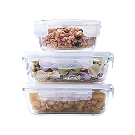 Glass Storage Containers with Lids, 3-Pack Glass Meal Prep Containers Airtight, Glass Food Storage Containers, Glass Containers for Food Storage with Lids - BPA-Free - Leak Proof