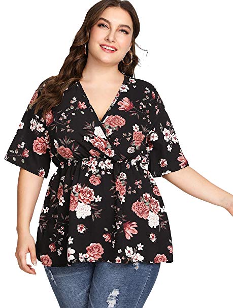 Romwe Women's Plus Size Floral Print Short Sleeve Belt Tie Peplum Wrap Blouse Top Shirts